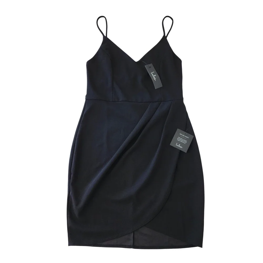 Lulus Reinette Black Wrap Midi‎ Dress Bodycon Cocktail Size L NWT